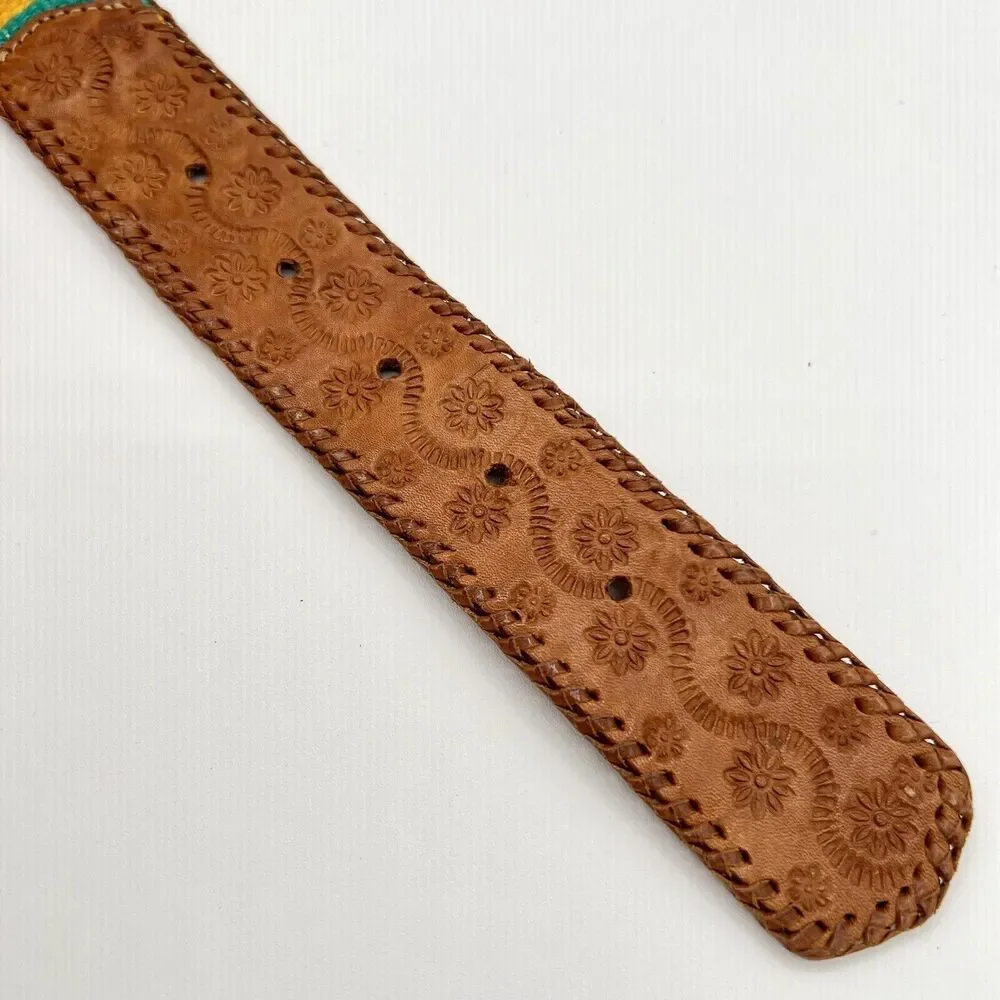 Lands' End Belt Guatemala Woven Tapestry Stamped Leather Colorful Vintage Sz 30